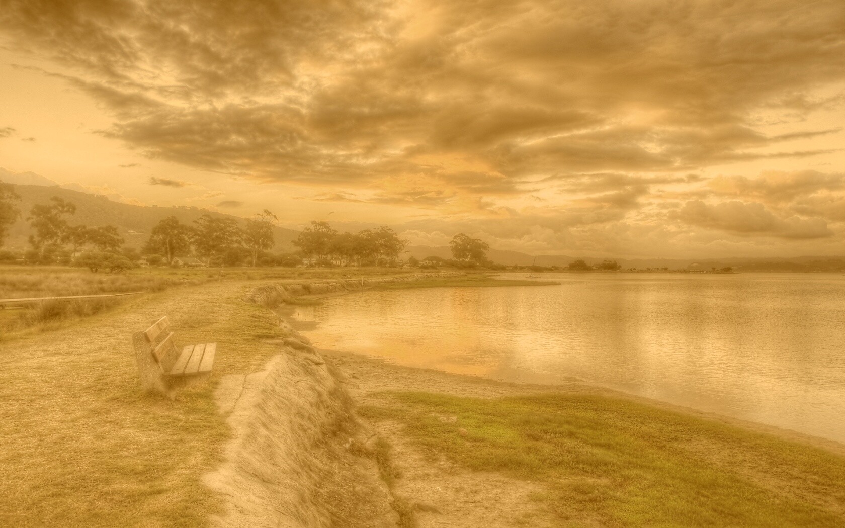 Скамейка у озера обои