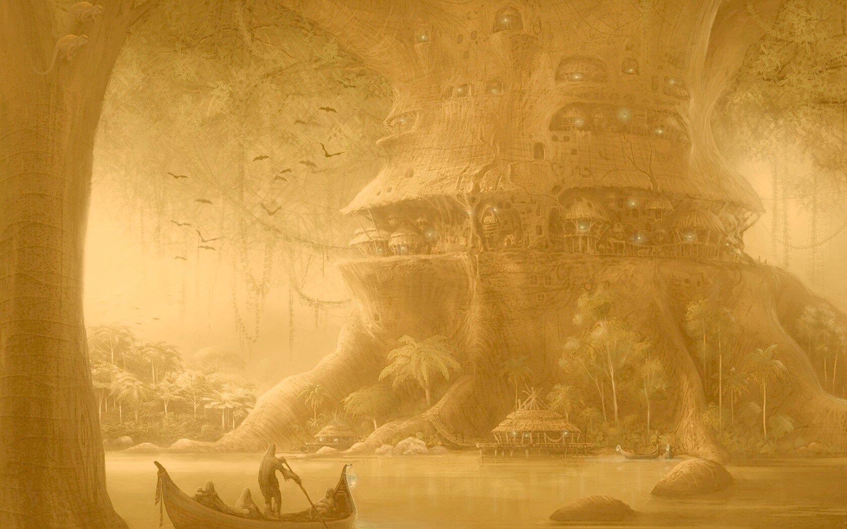 Город в стволе дерева обои