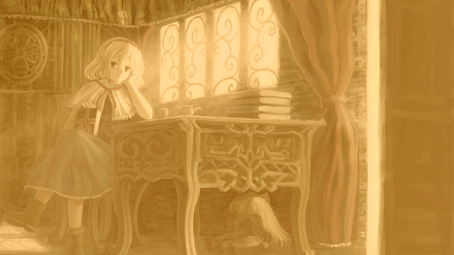 Девочка за столом с книгами обои