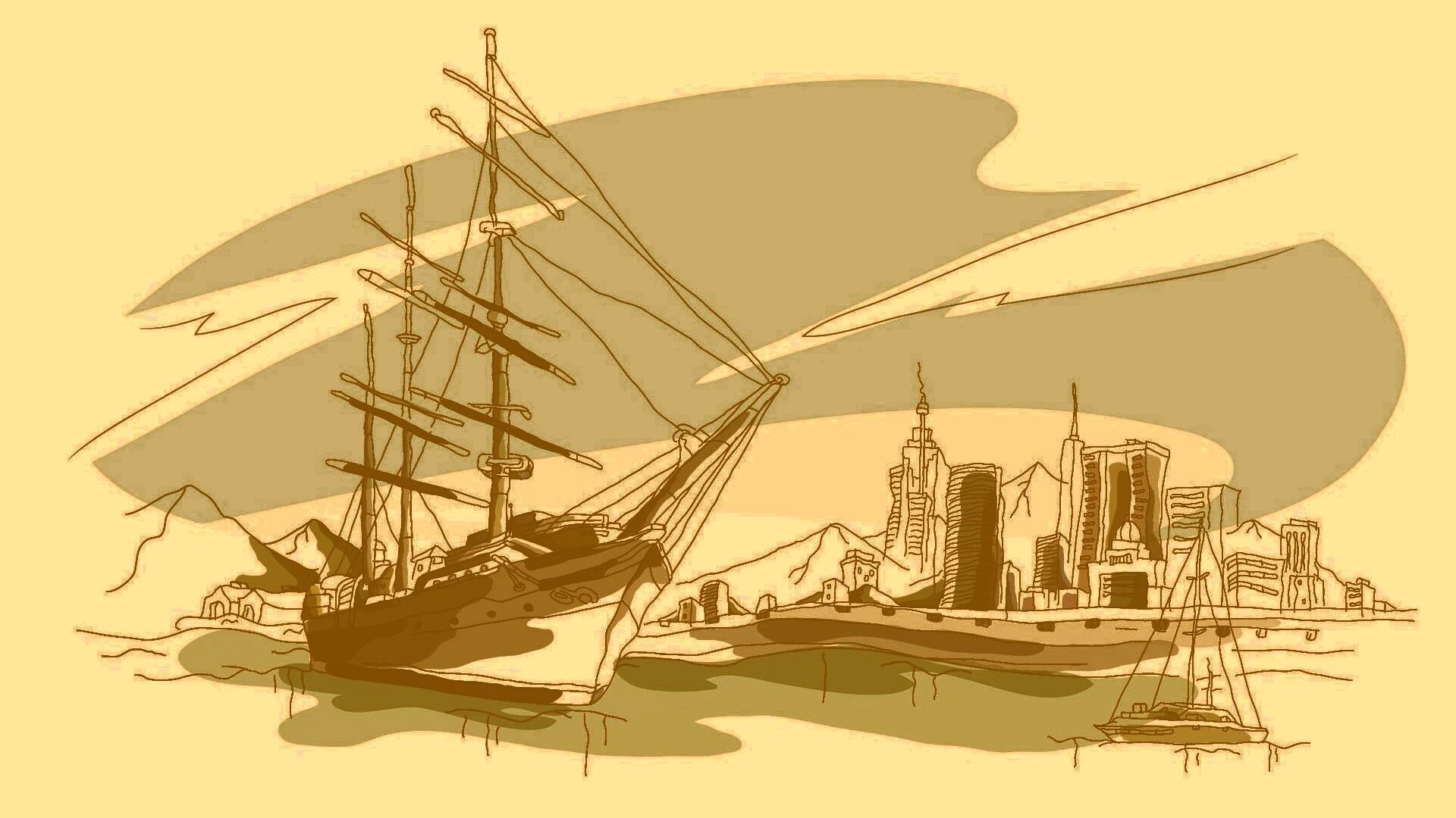 Парусник у города обои