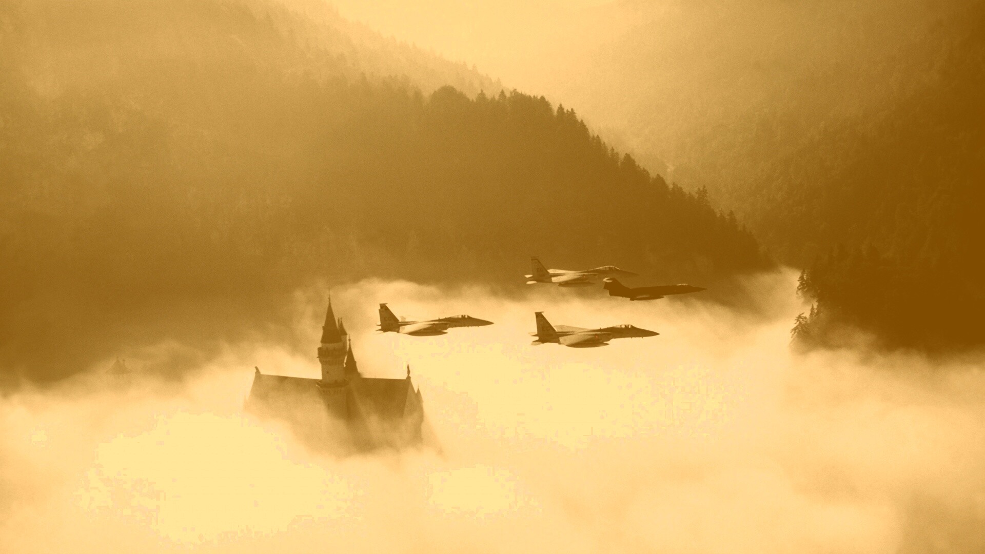 Истребители над замком обои