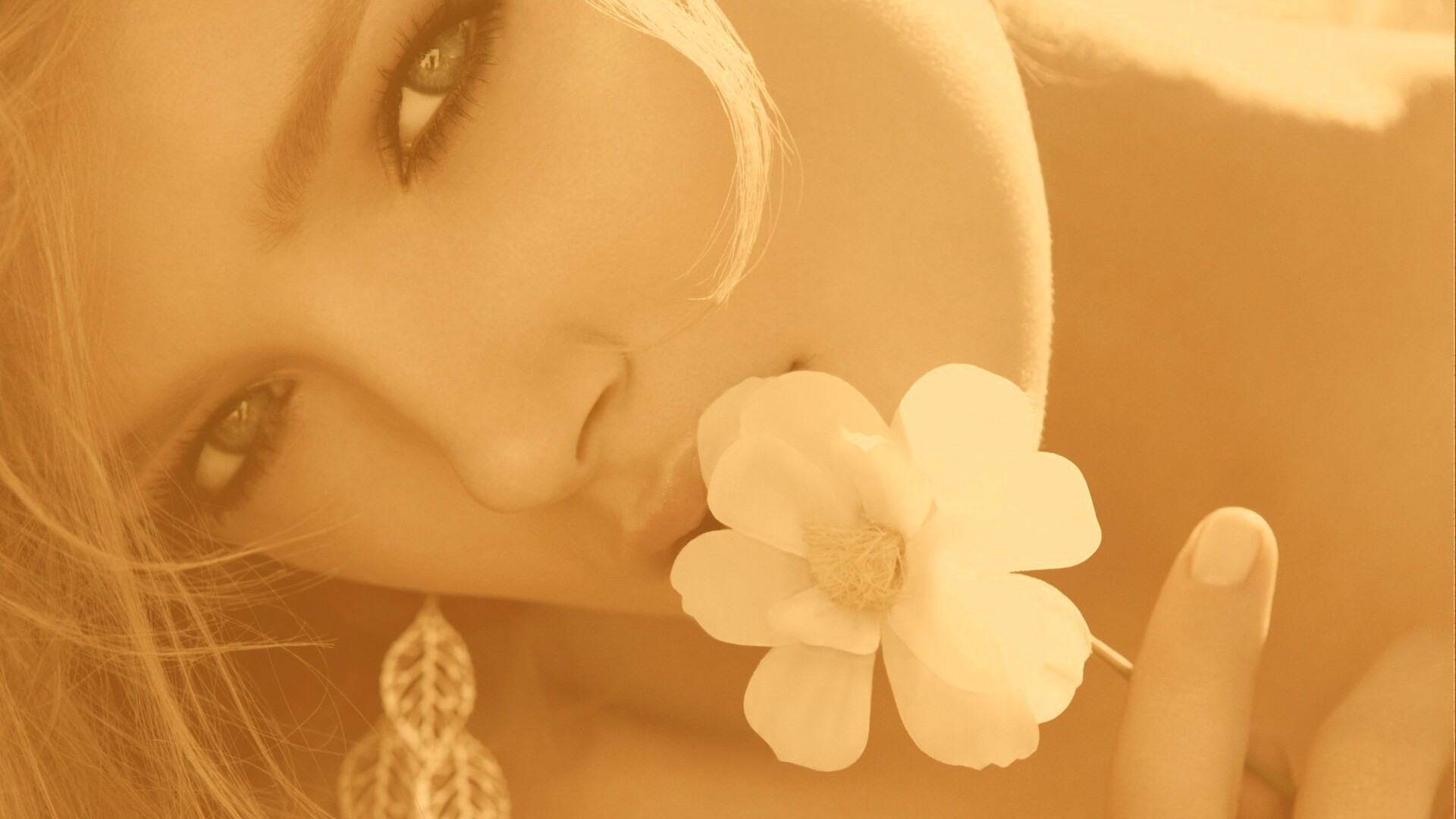 Красавица с белым цветком обои