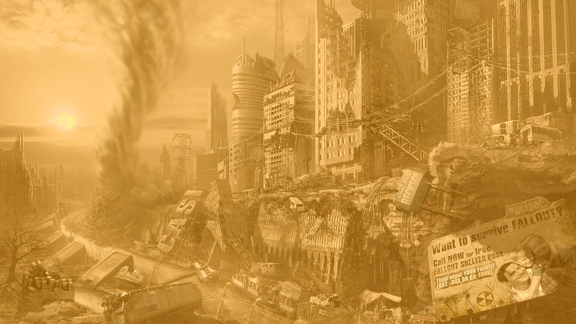 Торнадо в разрушенном городе обои