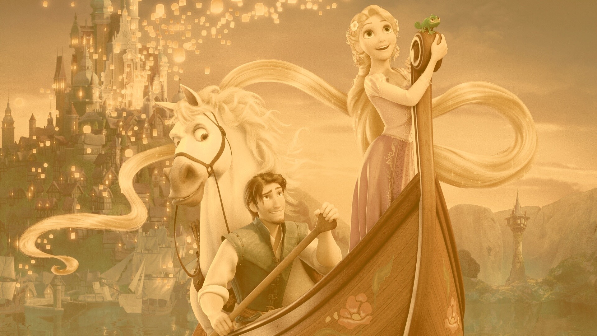 Рапунцель и Флин на лодке обои