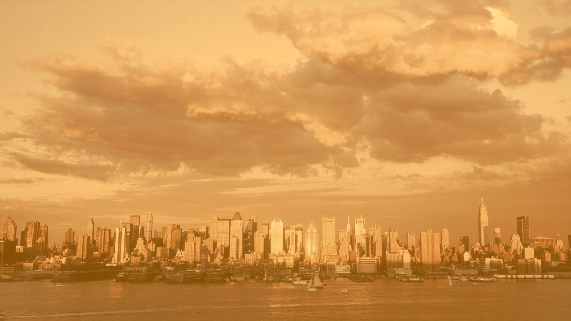 Панорама города на закате обои