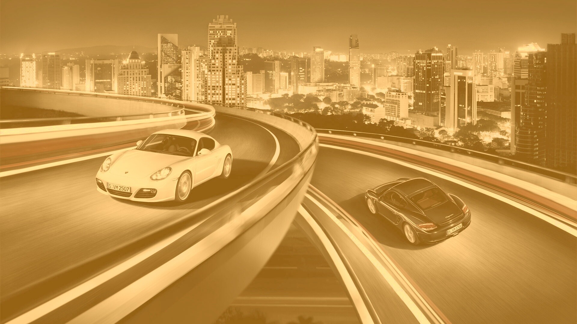 Черный и белый Porsche на автомагистрале. обои