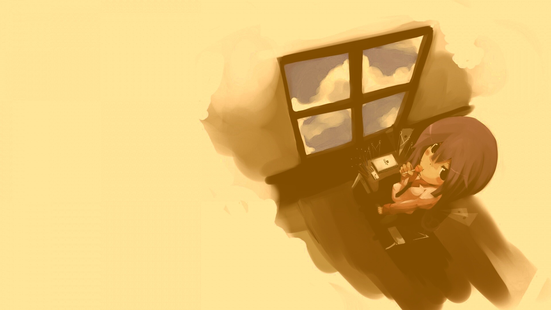 Школница с конфетой у окна обои