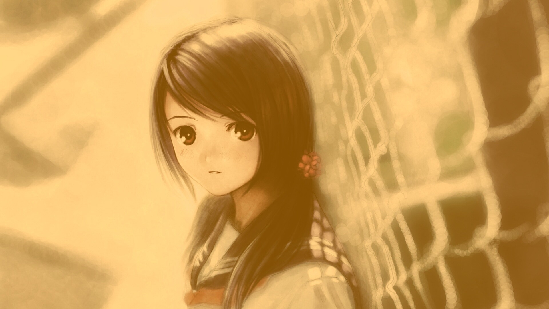 Девочка у сетчатого забора обои