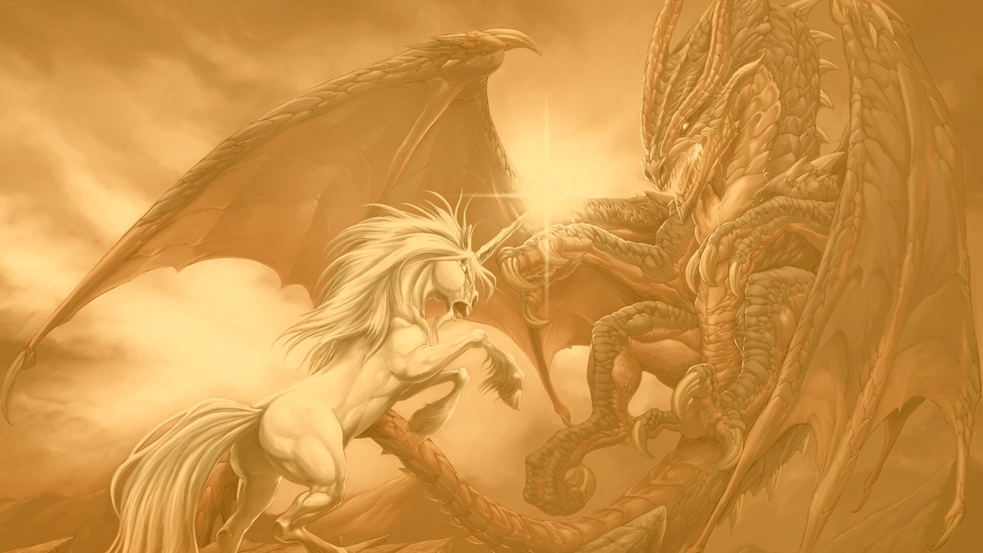 Дракон и единорог обои