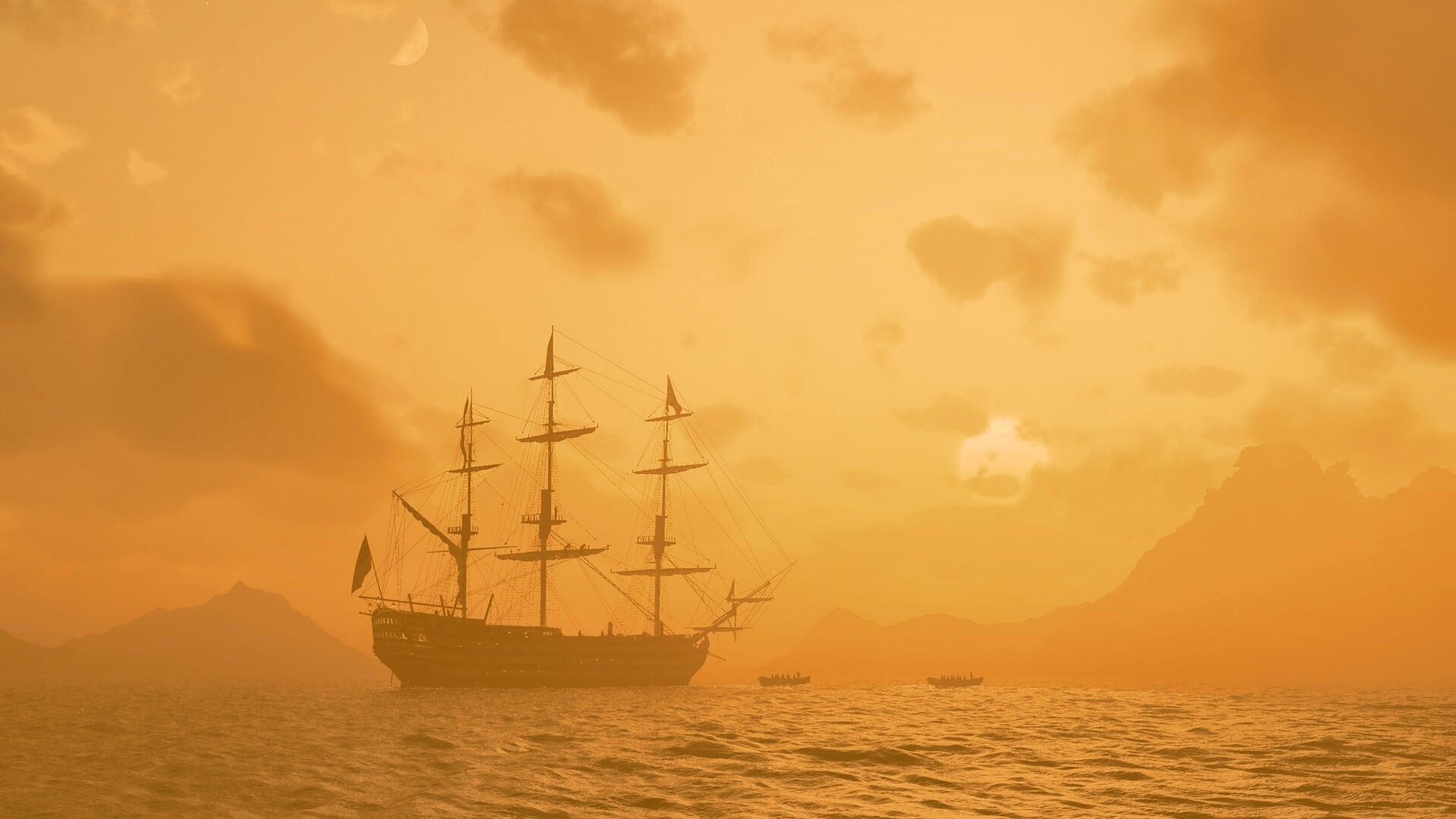 Трехпалубный парусный корабль на закате обои