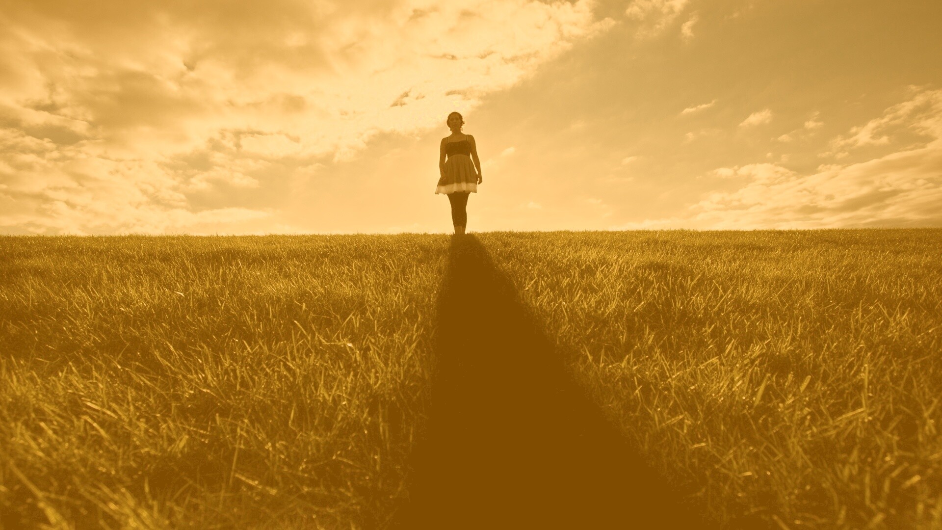 Силуэт девочки на поле обои