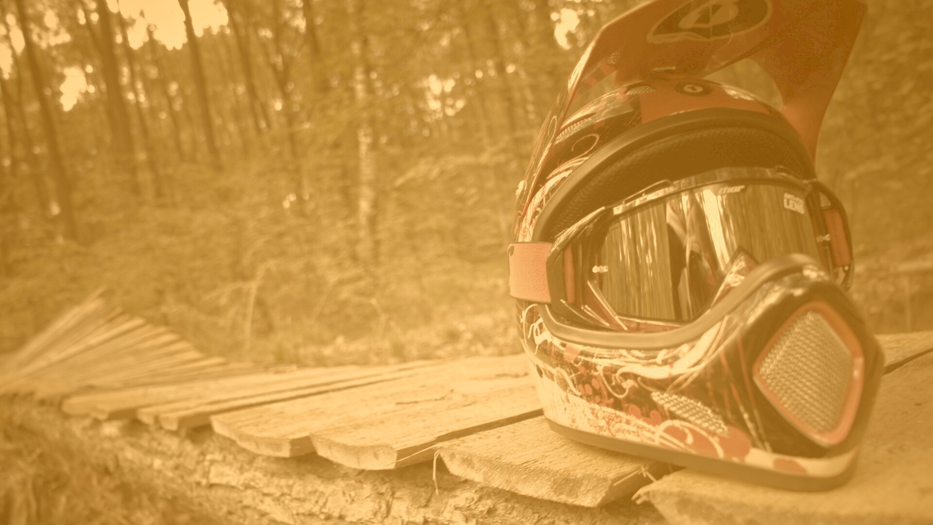 Шлем на лесной велотрассе обои