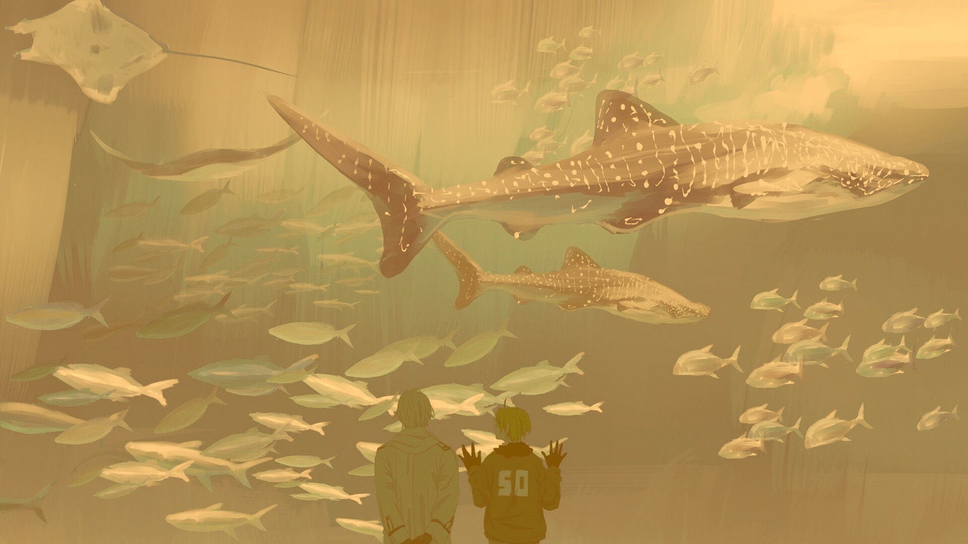 Двое в океанариуме обои