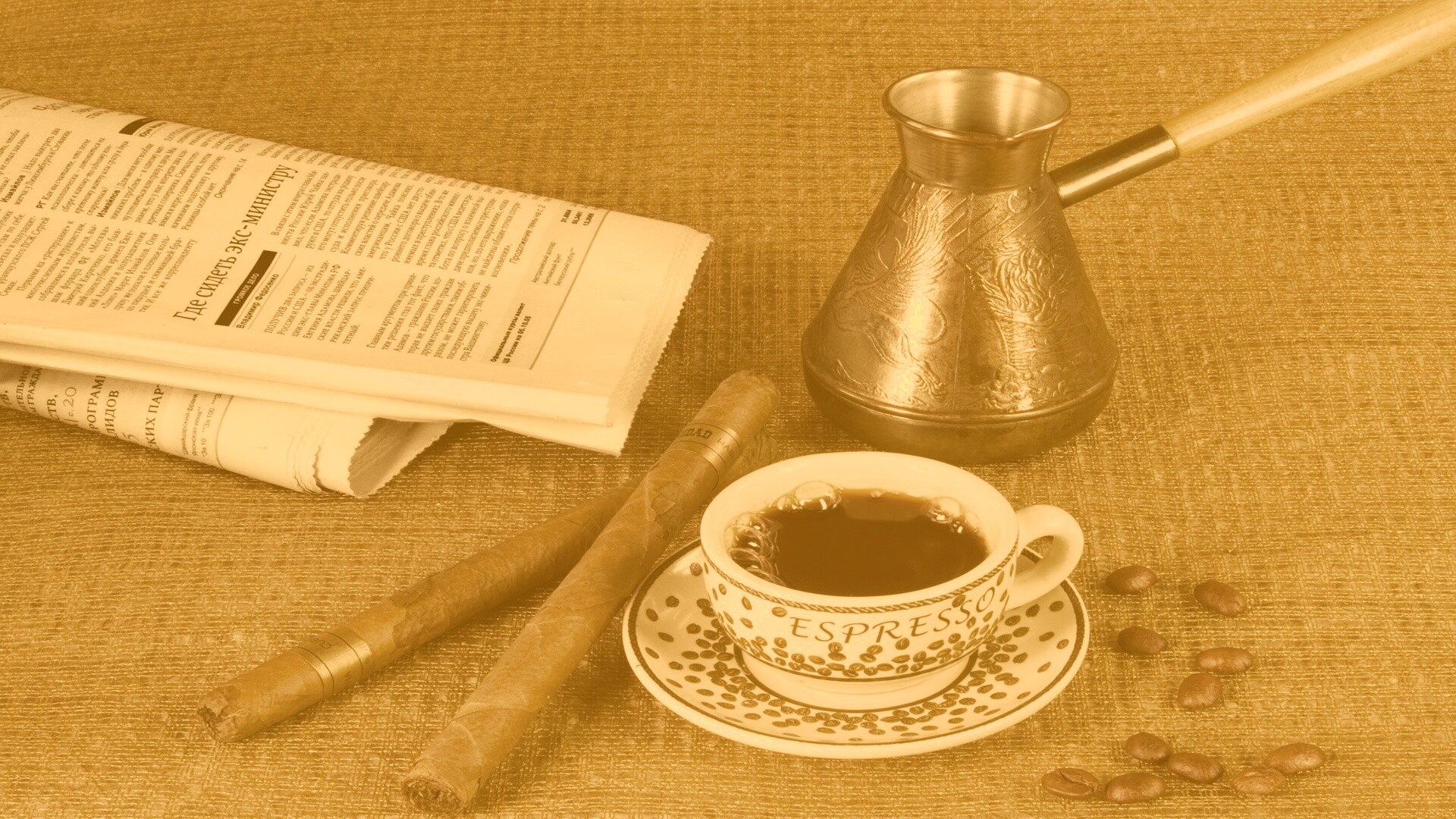 Утренний кофе, газета и сигары обои