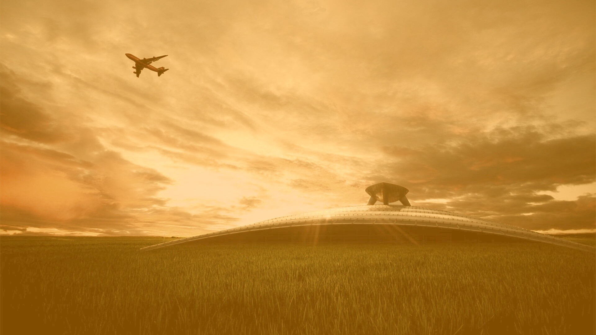 Самолет в закатном небе обои