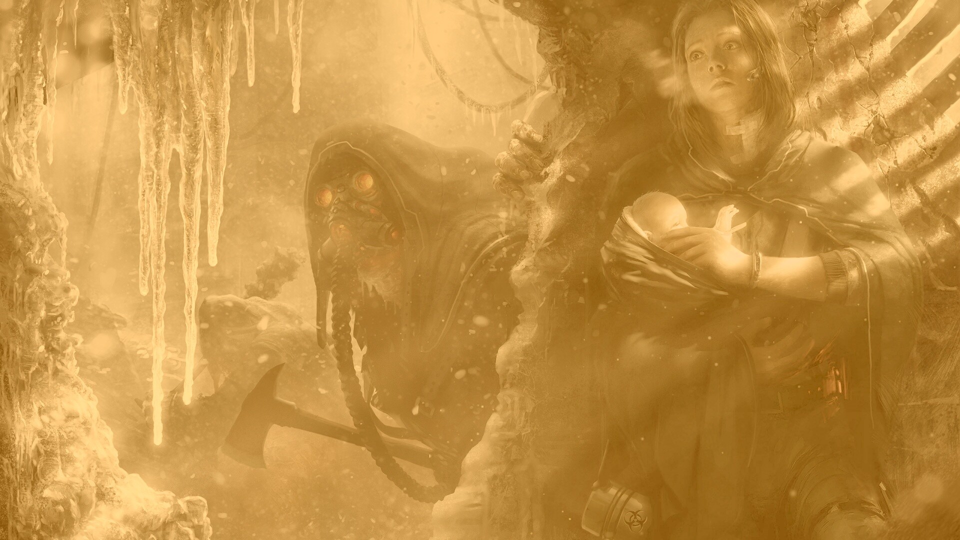 Девушка с ребенком прячется от монстра обои