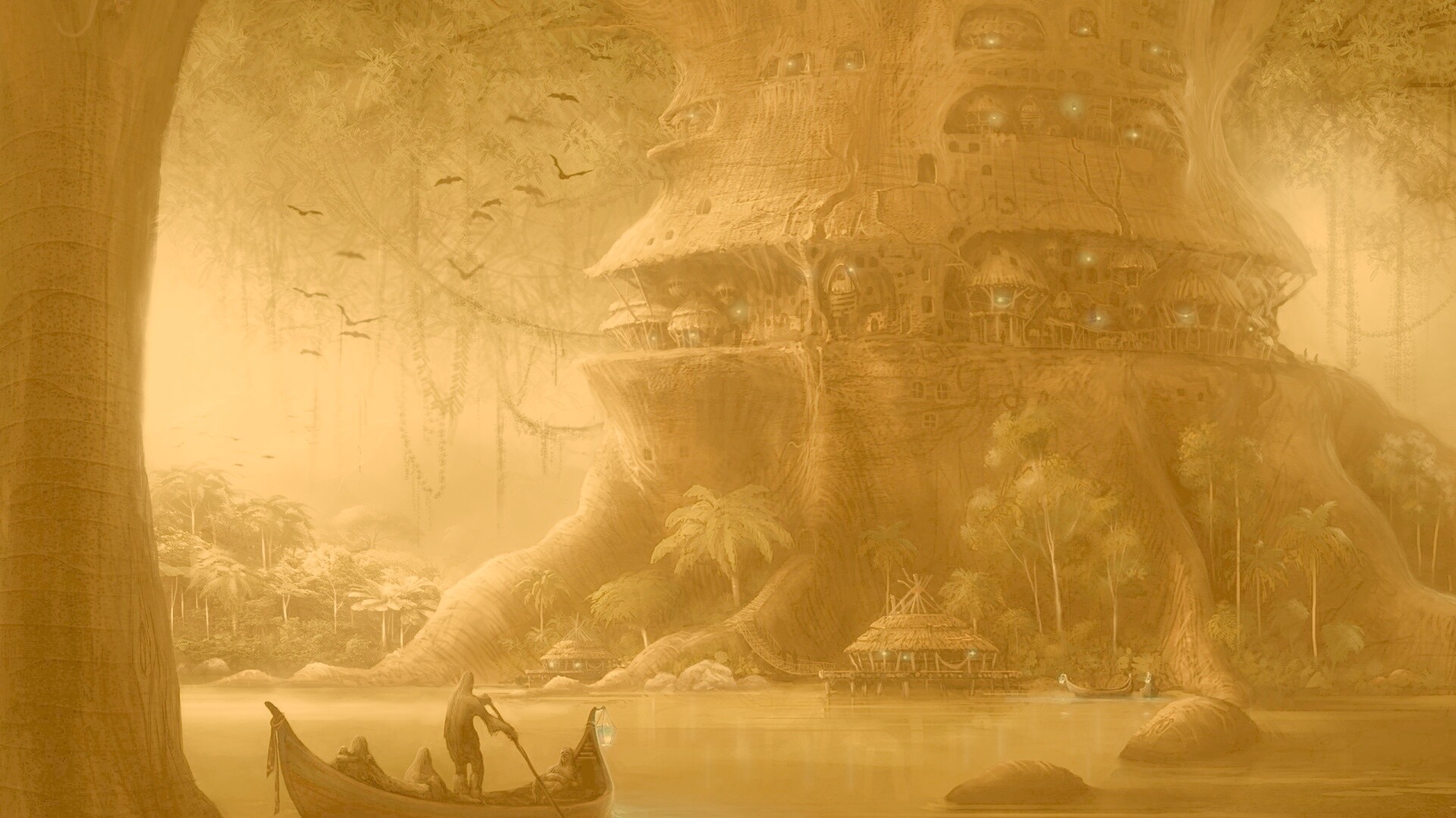 Город в стволе дерева обои