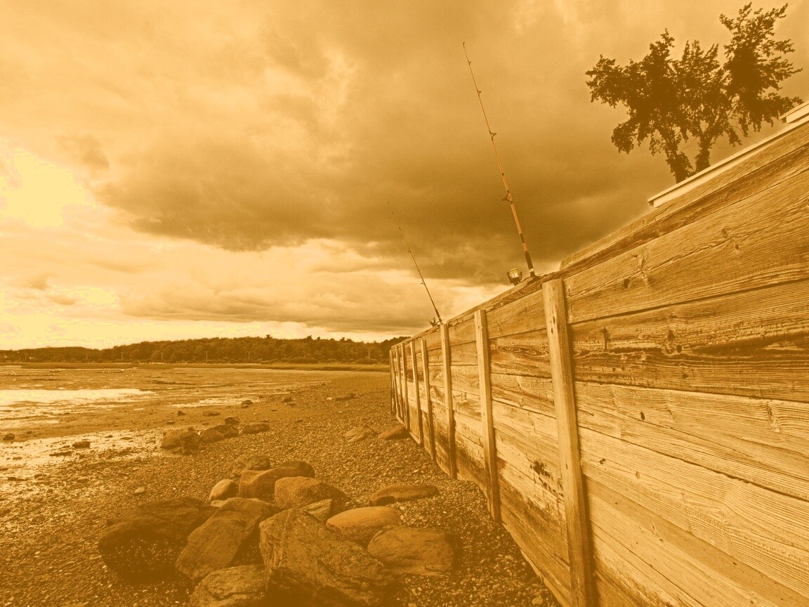 Отлив у деревянной набережной обои