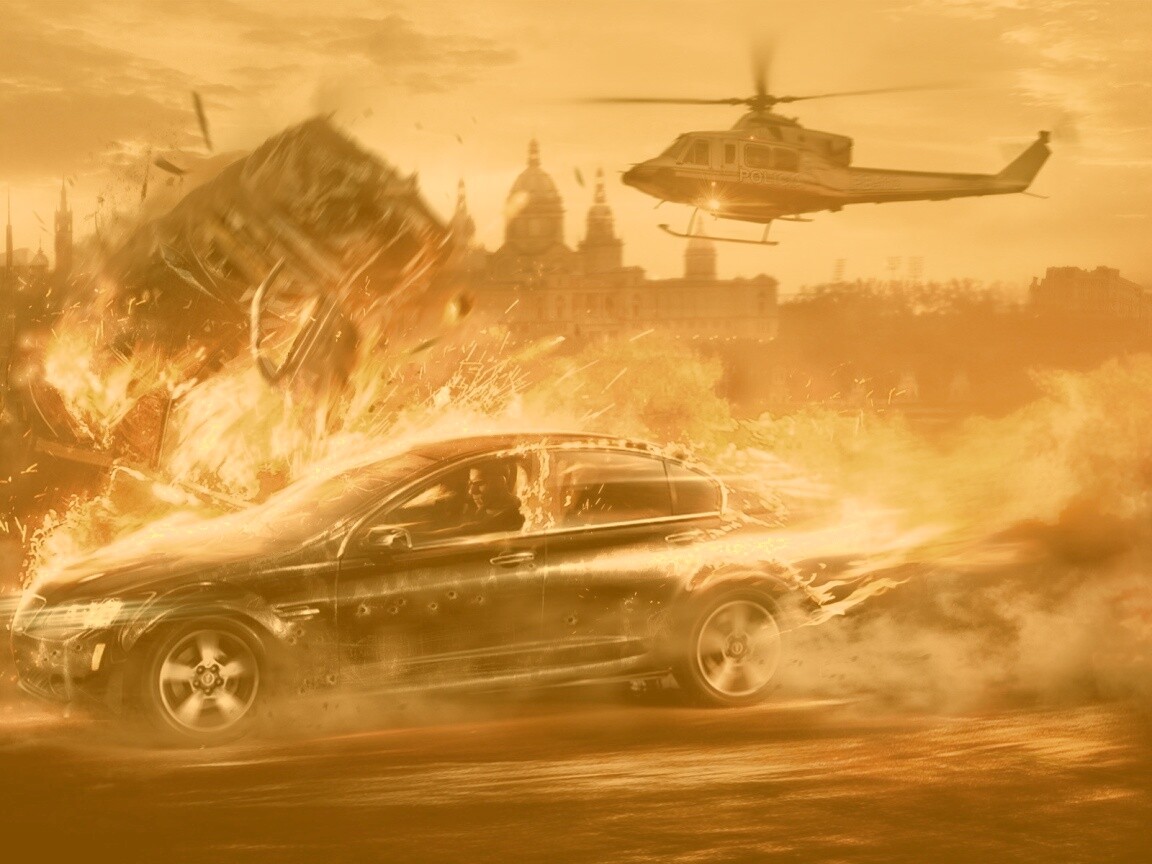 Погоня за горящей машиной обои