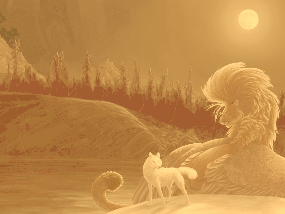 Волк и лев при луне обои