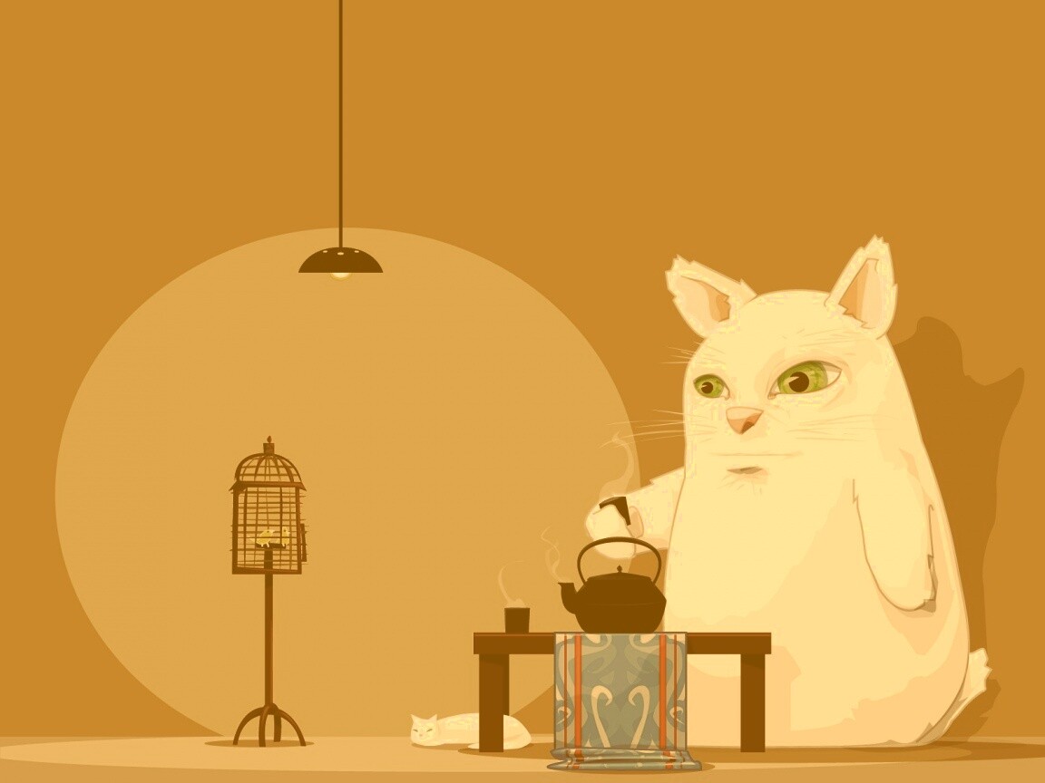 Кот пьет чай обои