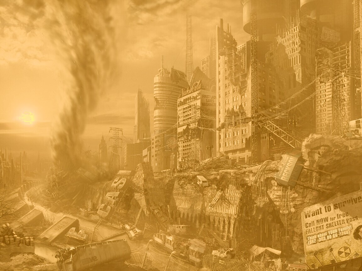 Торнадо в разрушенном городе обои