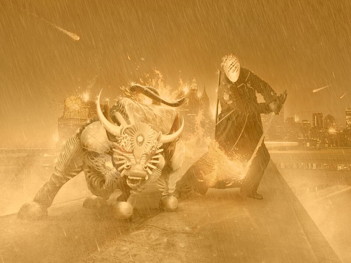 Воин и бык на крыше обои