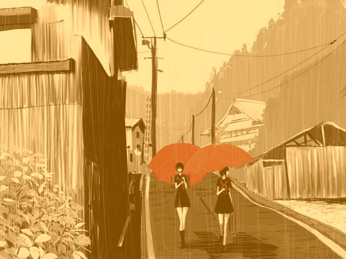 Девушки с красными зонтами обои