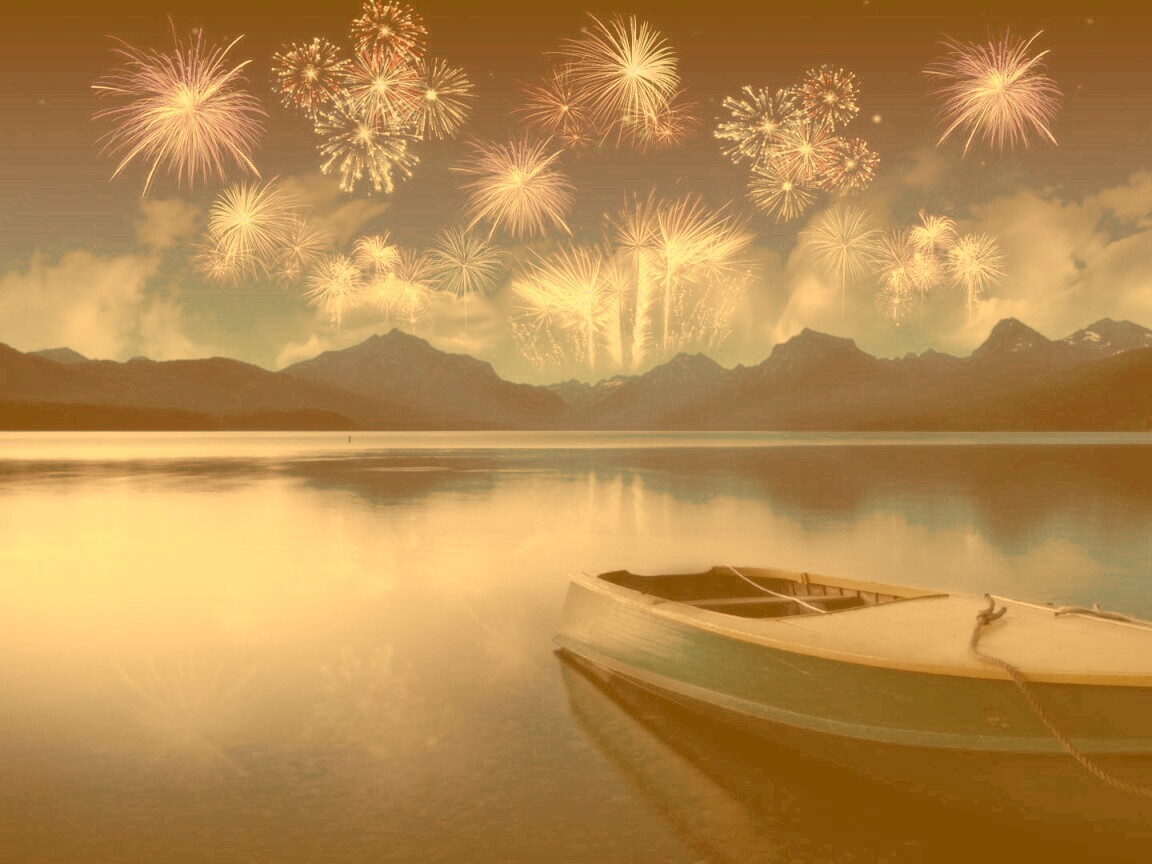 Фейрверк над озером обои