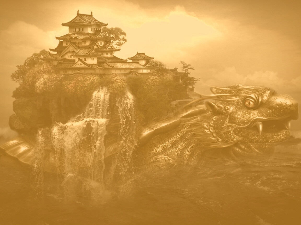 Золотая черепаха и китайская пагода в океане обои