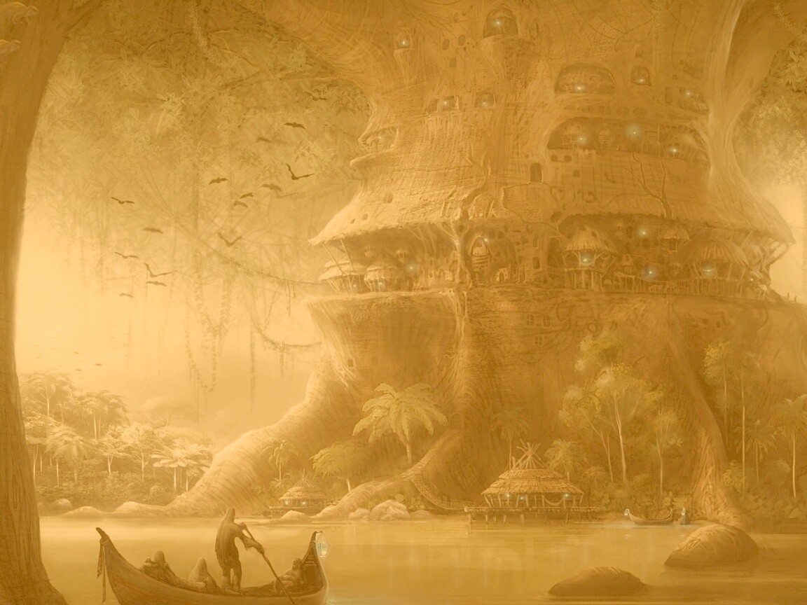 Город в стволе дерева обои