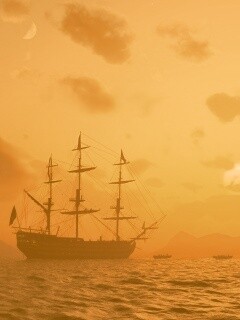 Трехпалубный парусный корабль на закате обои