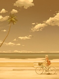 Девушка едет на велосипеде вдоль берега обои