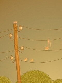 Нотка и птички на проводах обои