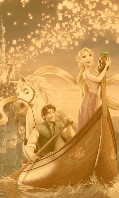 Рапунцель принц и конь в лодке обои