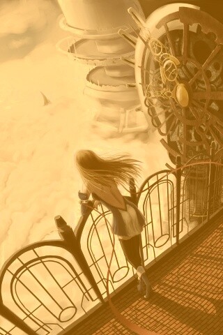 Девушка в городе над облаками обои