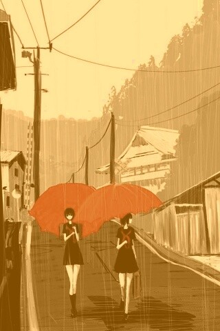 Девушки с красными зонтами обои