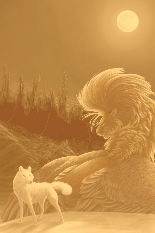 Волк и лев при луне обои