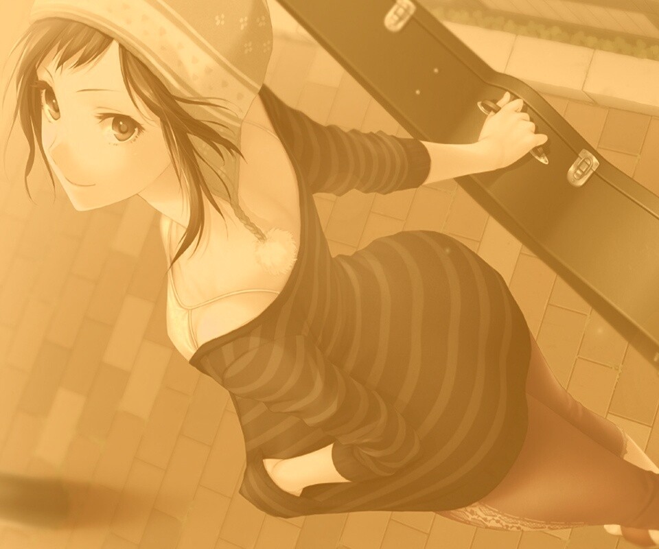 Девушка с гитарным чехлом обои