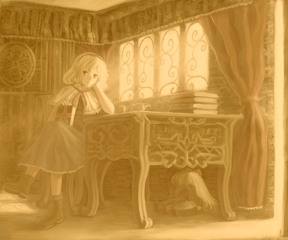 Девочка за столом с книгами обои