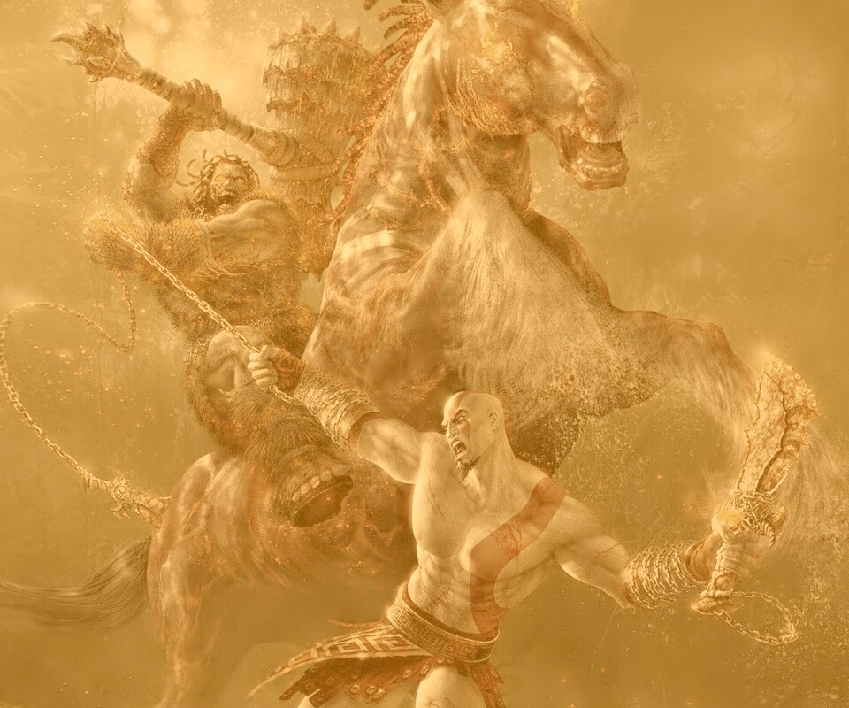 Кратос против огненного всадника обои