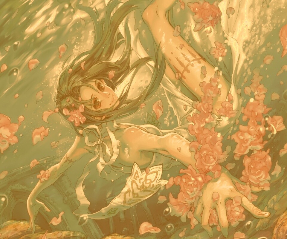 Девушка из аниме под водой обои