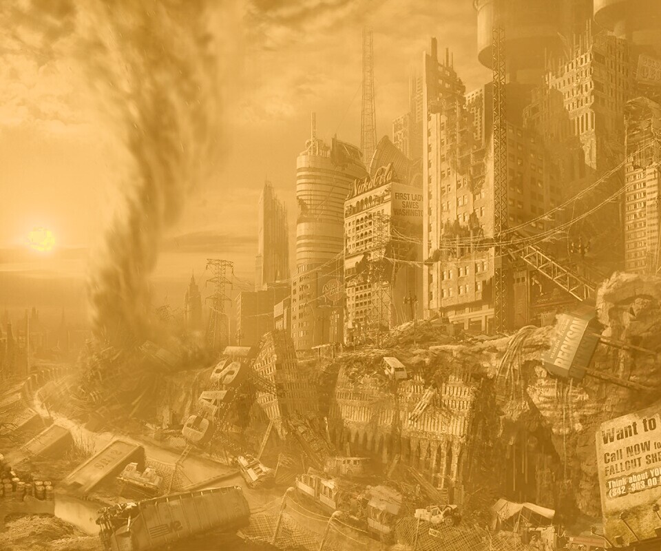 Торнадо в разрушенном городе обои