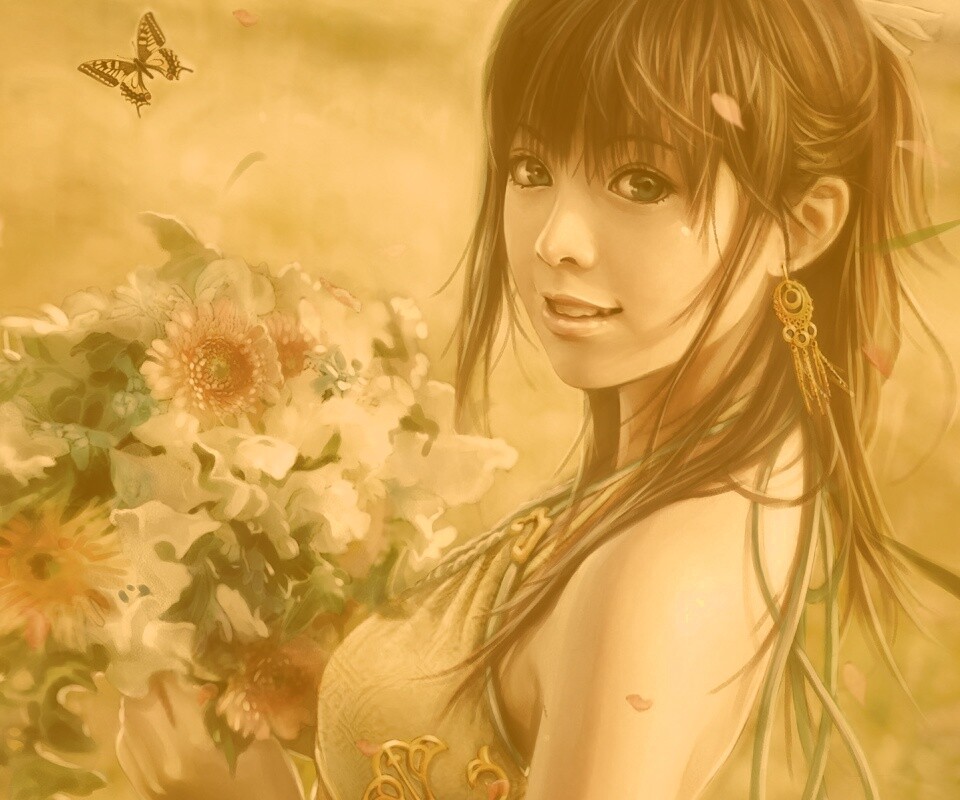 Девушка с цветами обои