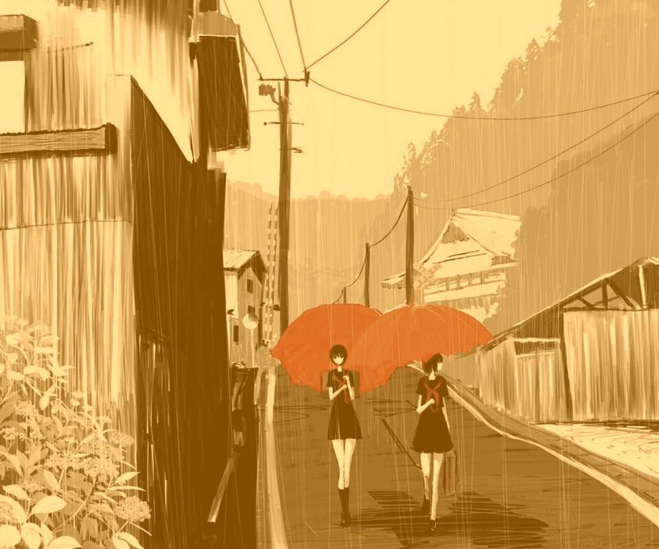 Девушки с красными зонтами обои