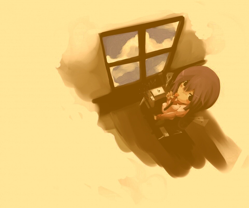 Школница с конфетой у окна обои