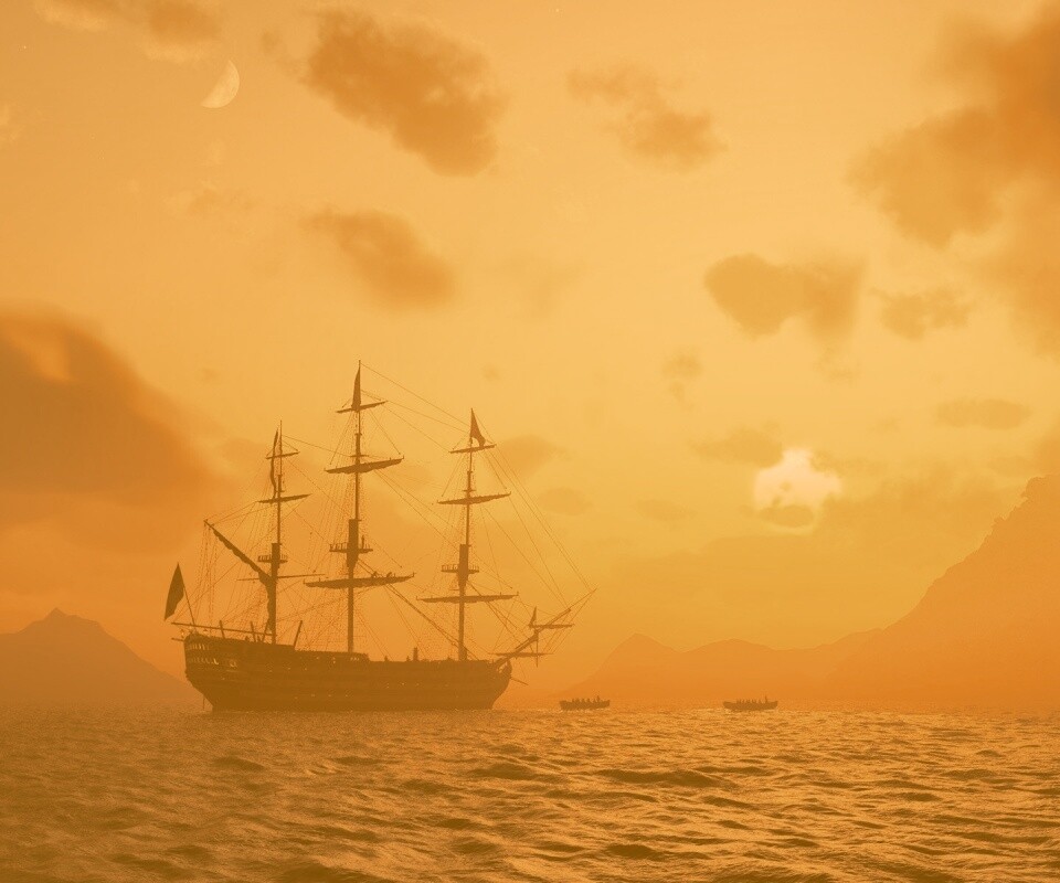 Трехпалубный парусный корабль на закате обои