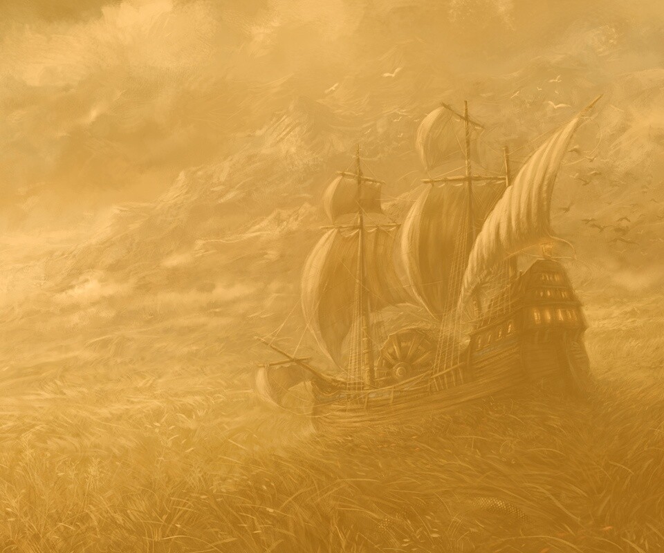 Корабль в море травы обои