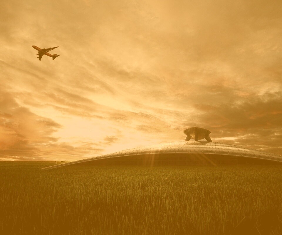 Самолет в закатном небе обои