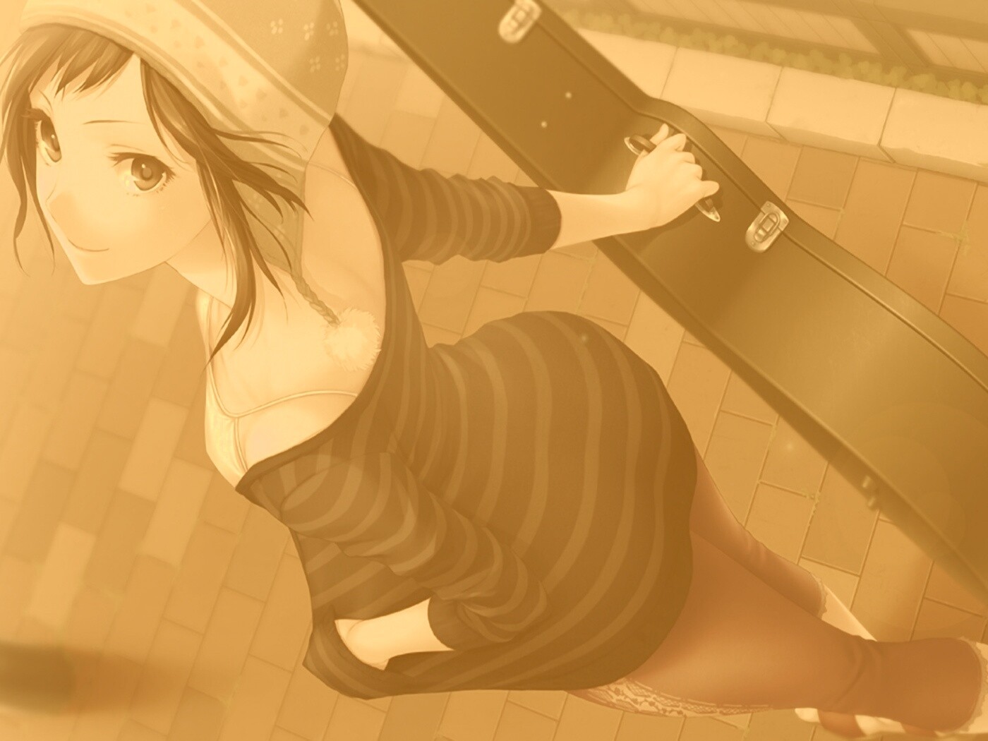 Девушка с гитарным чехлом обои